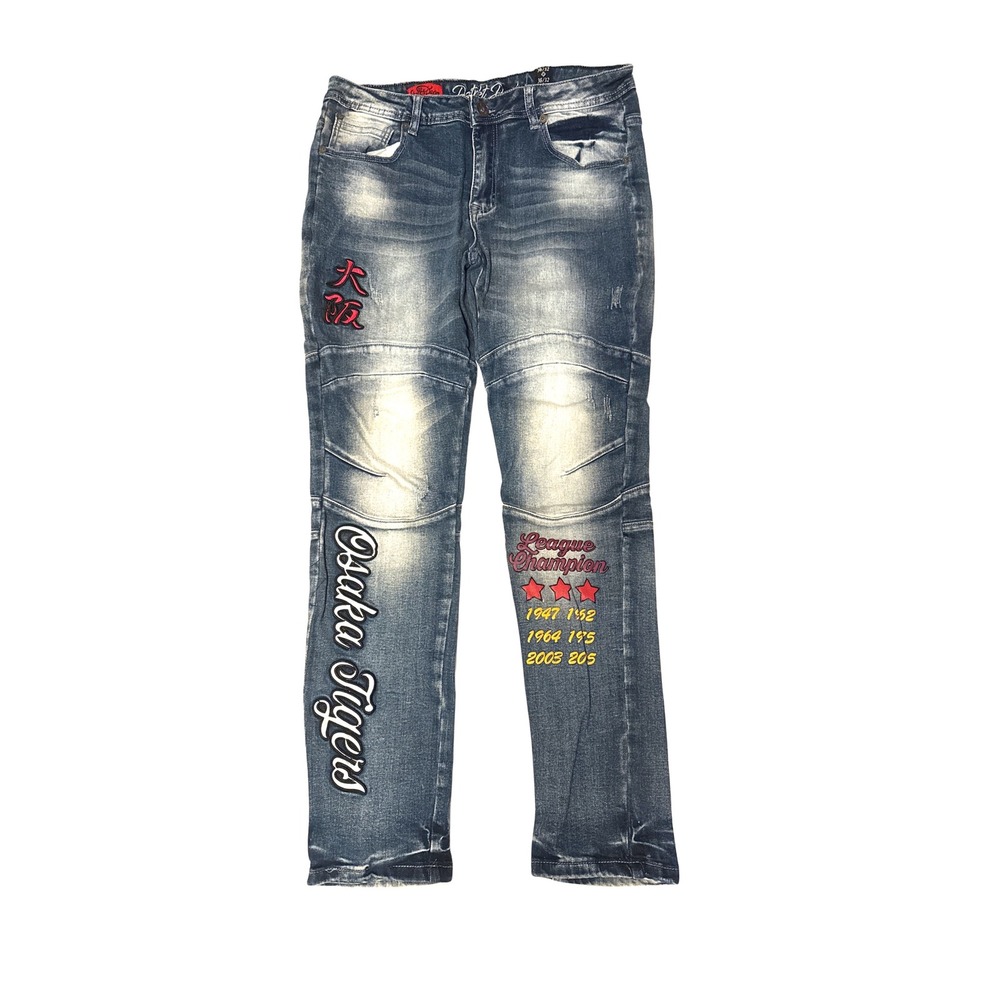 Stall & Dean Denim Osaka Tigers Mens Blue Distressed Moto Graphic Jeans 36x32